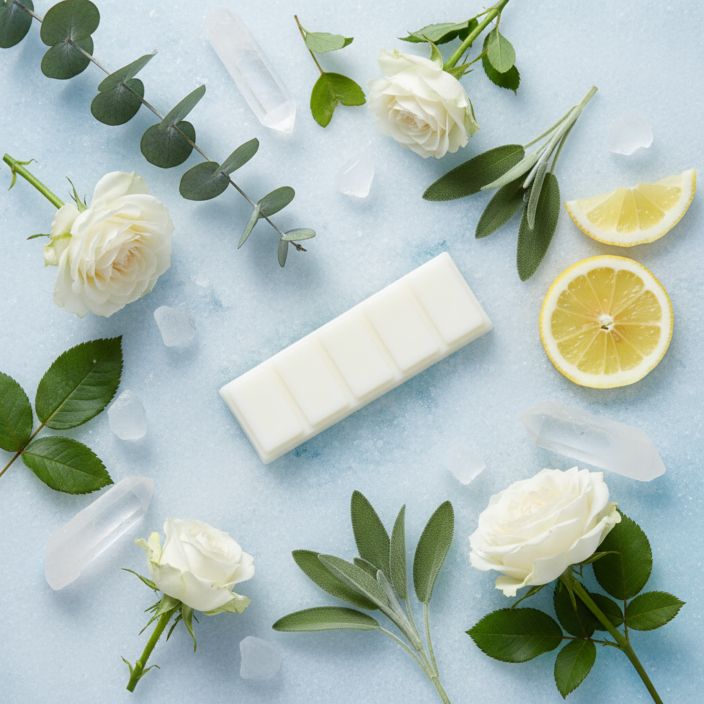 Frosted Surface with Eucalyptus and Crystals